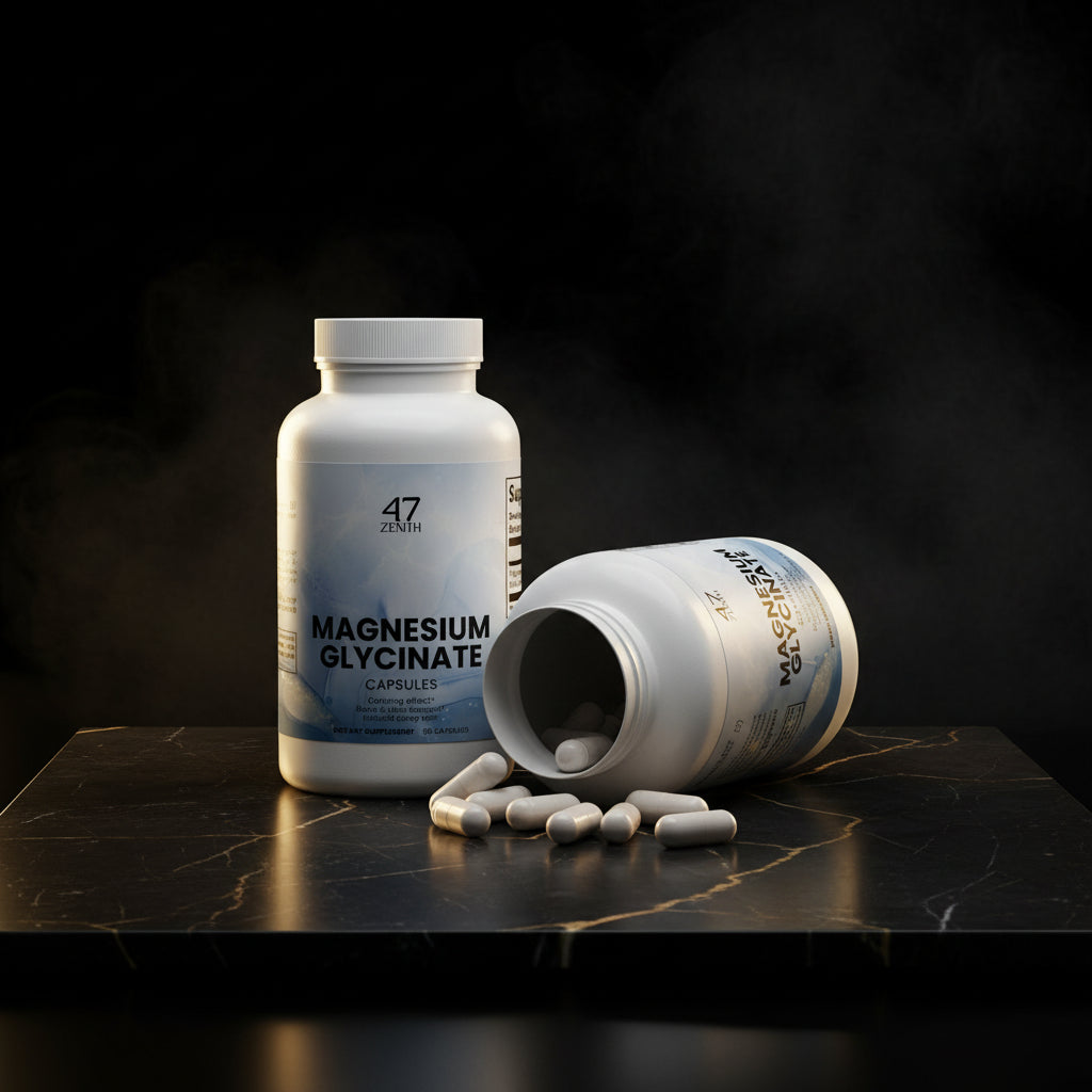 Supplement bottle labeled '47 Zenith Magnesium Glycinate' with pills spilling out on a white background