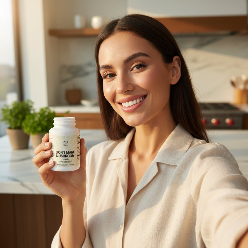 Open supplement bottle with pills spilling out on a light gray background