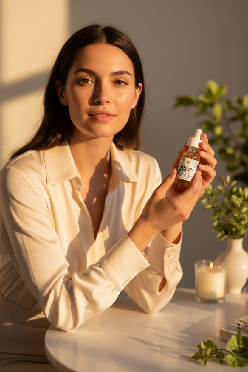 Bottle of dark spot serum with a dropper on a light gray background