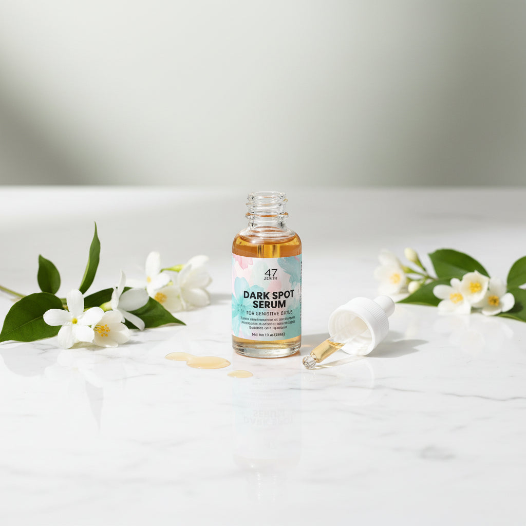 Hand holding a bottle of dark spot serum with a white cap on a light gray background