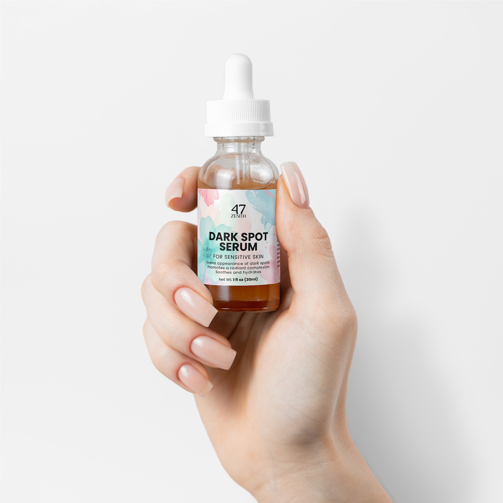 Hand holding a bottle of '47 Dark Spot Serum' against a light background