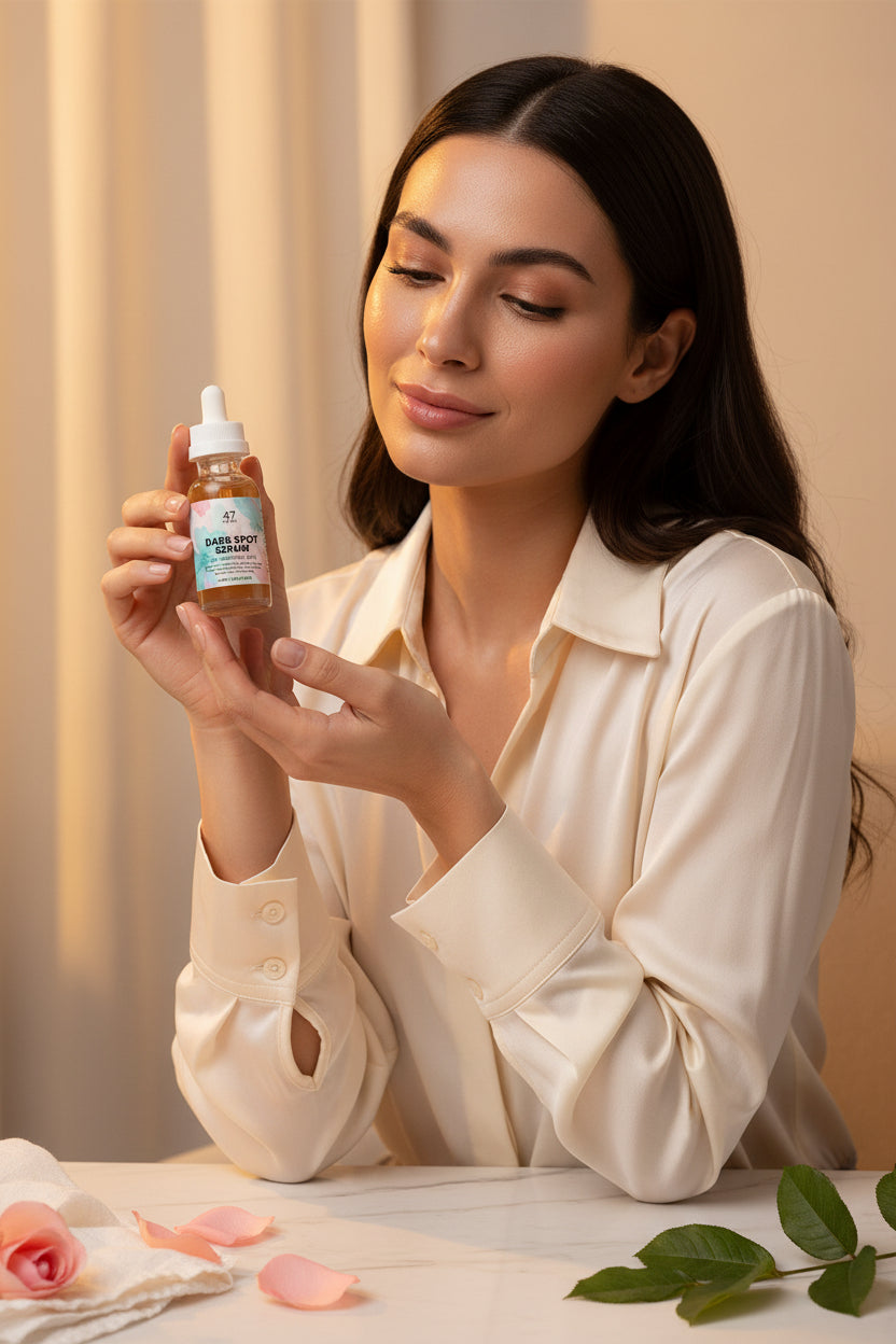 Hand holding a bottle of 47 Dark Spot Serum against a white background