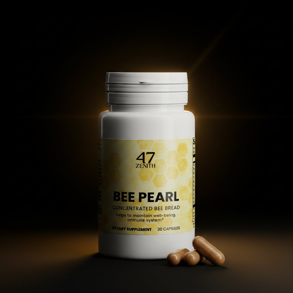 Bottle of 47 Zenith Bee Pearl dietary supplement with capsules on a white background