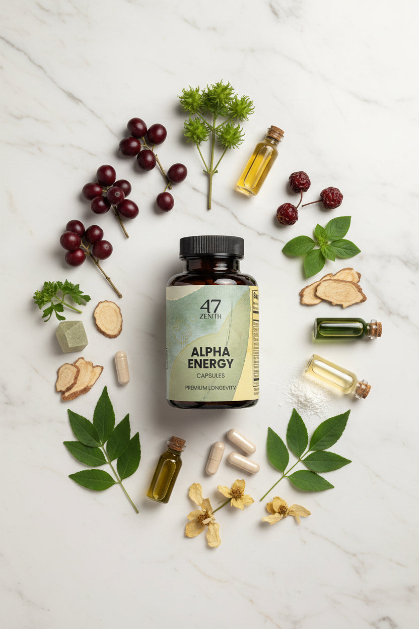 Bottle of A7 Zenith Alpha Energy capsules on a light gray background