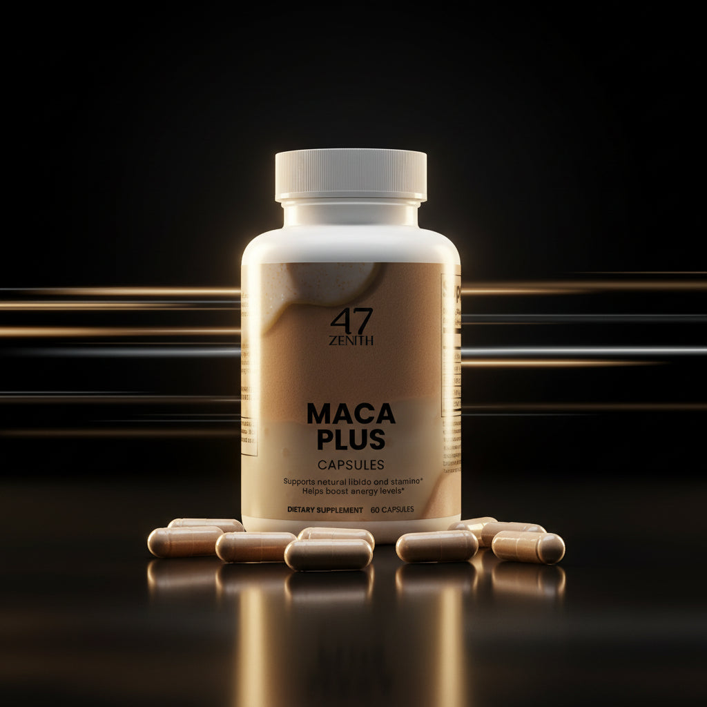 Supplement bottle labeled '47 Zenith Maca Plus Capsules' with open lid showing pills on a white background