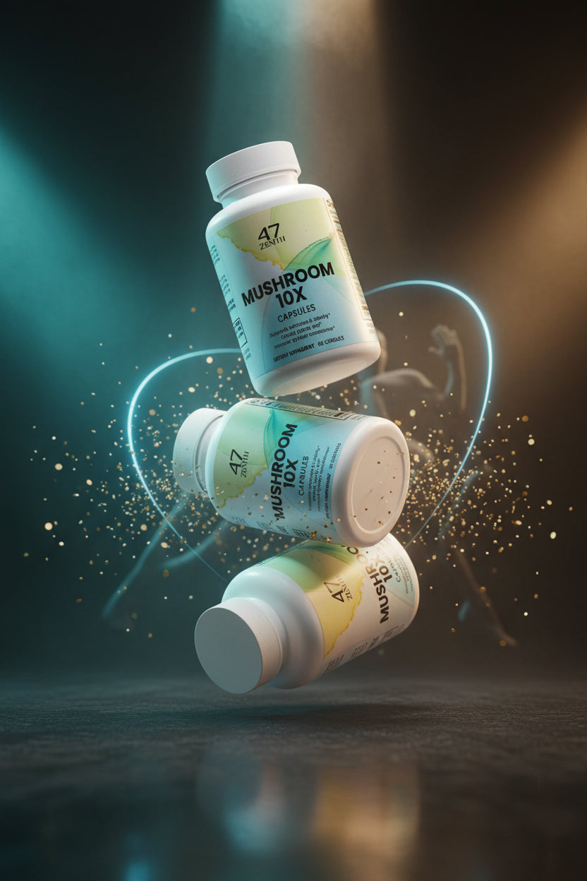Three bottles of A7 Mushroom 10X capsules on a white background