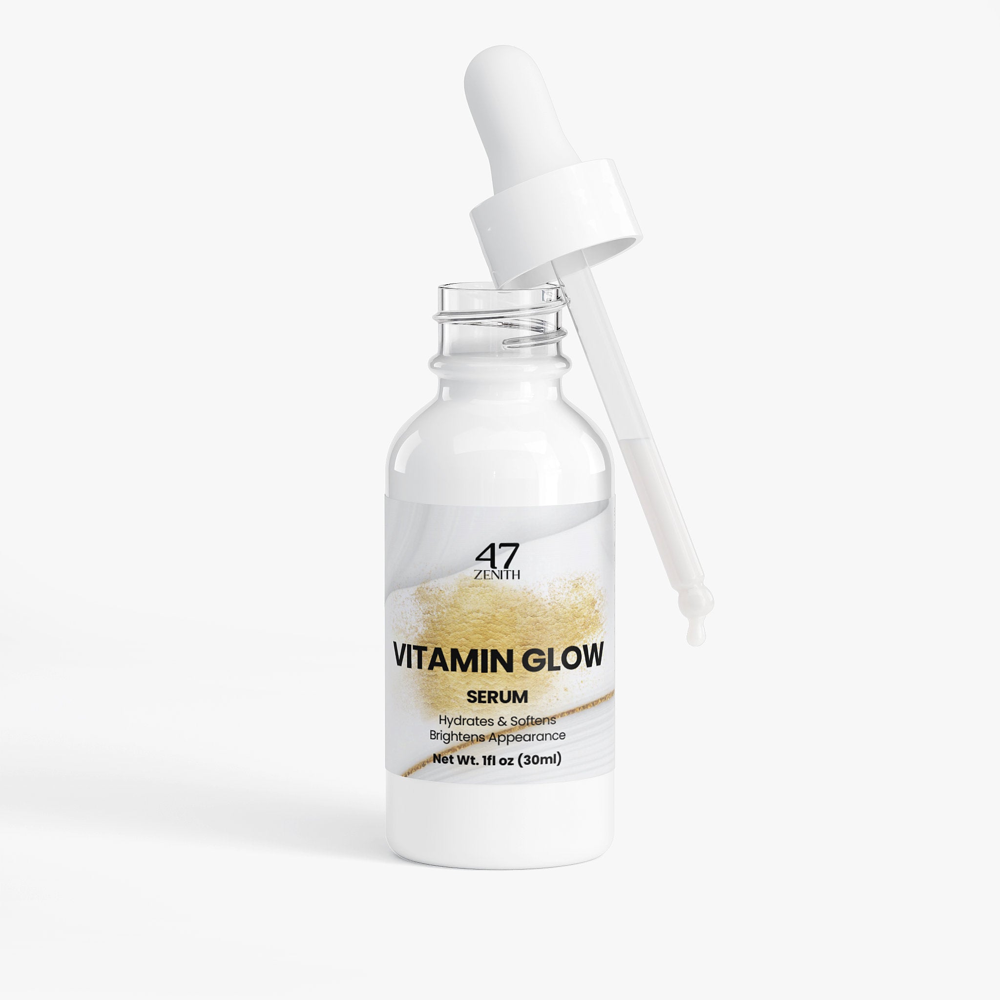 Vitamin Glow serum bottle with dropper on a white background