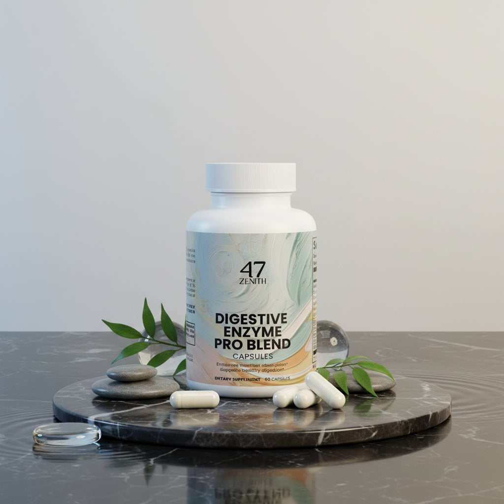 Bottle of 47 Zenith Digestive Enzyme Pro Blend capsules on a white background