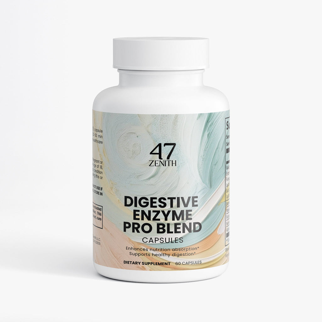 Bottle of 47 Zenith Digestive Enzyme Pro Blend capsules on a white background
