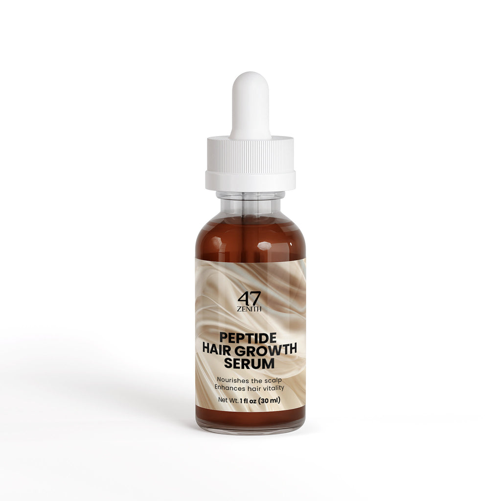 Peptide hair growth serum bottle with dropper on a white background