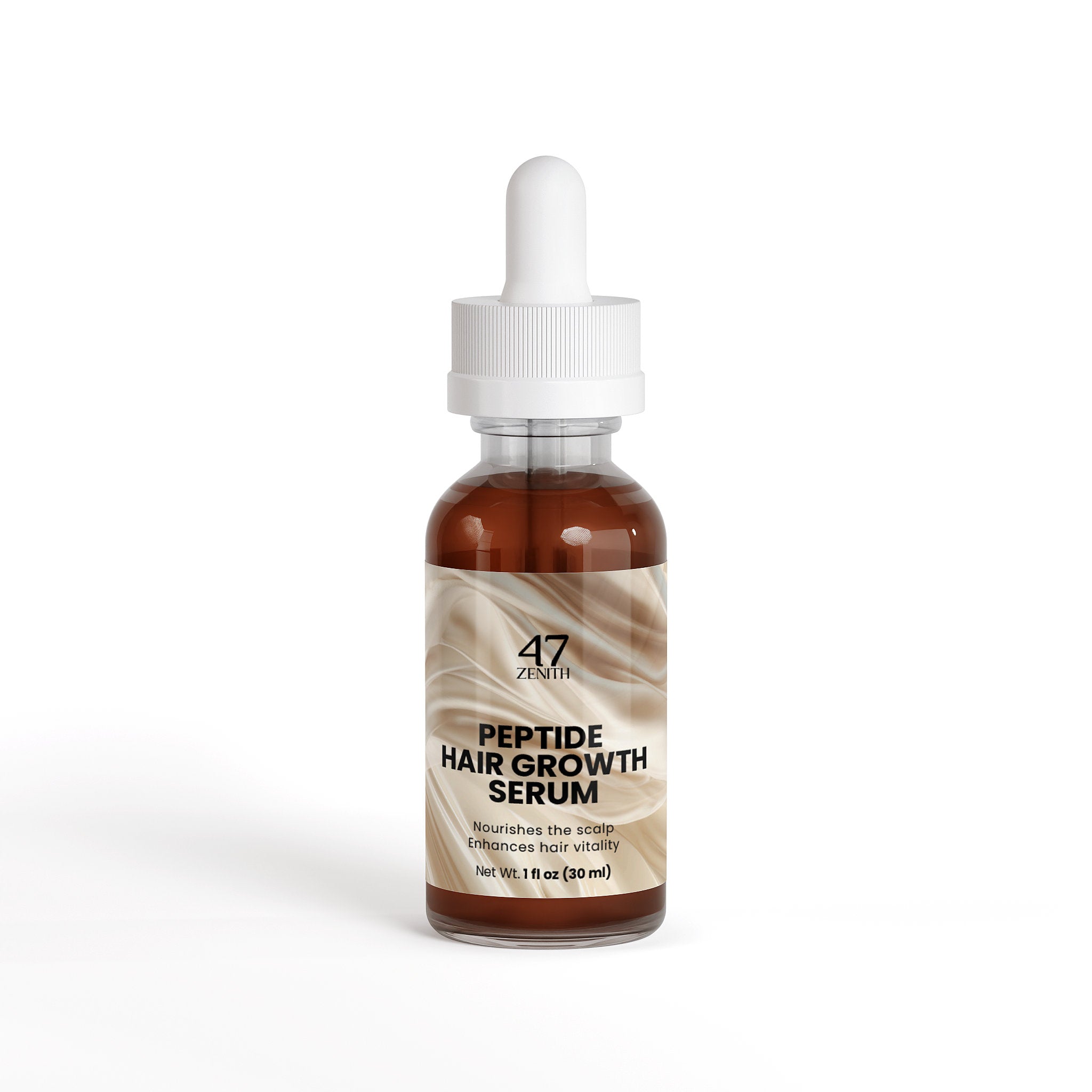 Peptide hair growth serum bottle with dropper on a white background