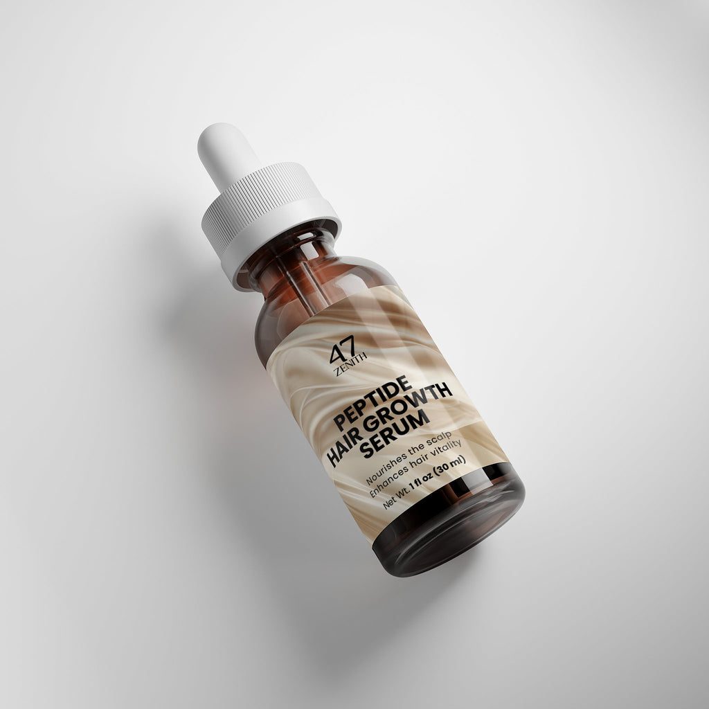 Bottle of A47 Peptide Hair Growth Serum on a light gray background