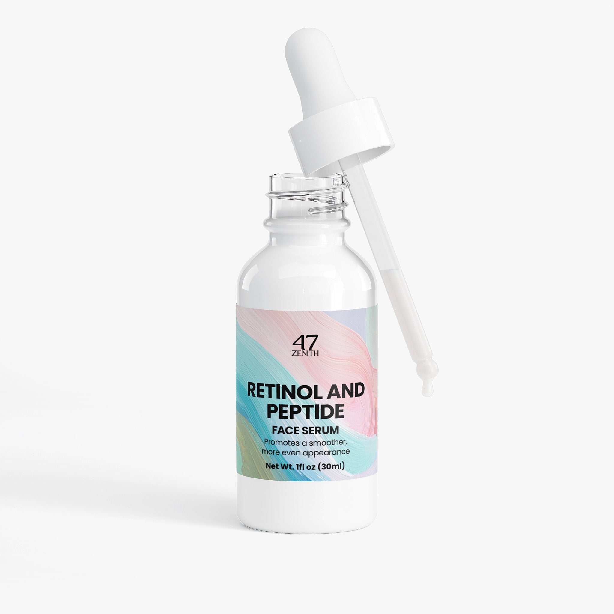 Retinol and peptide face serum bottle with dropper on a white background