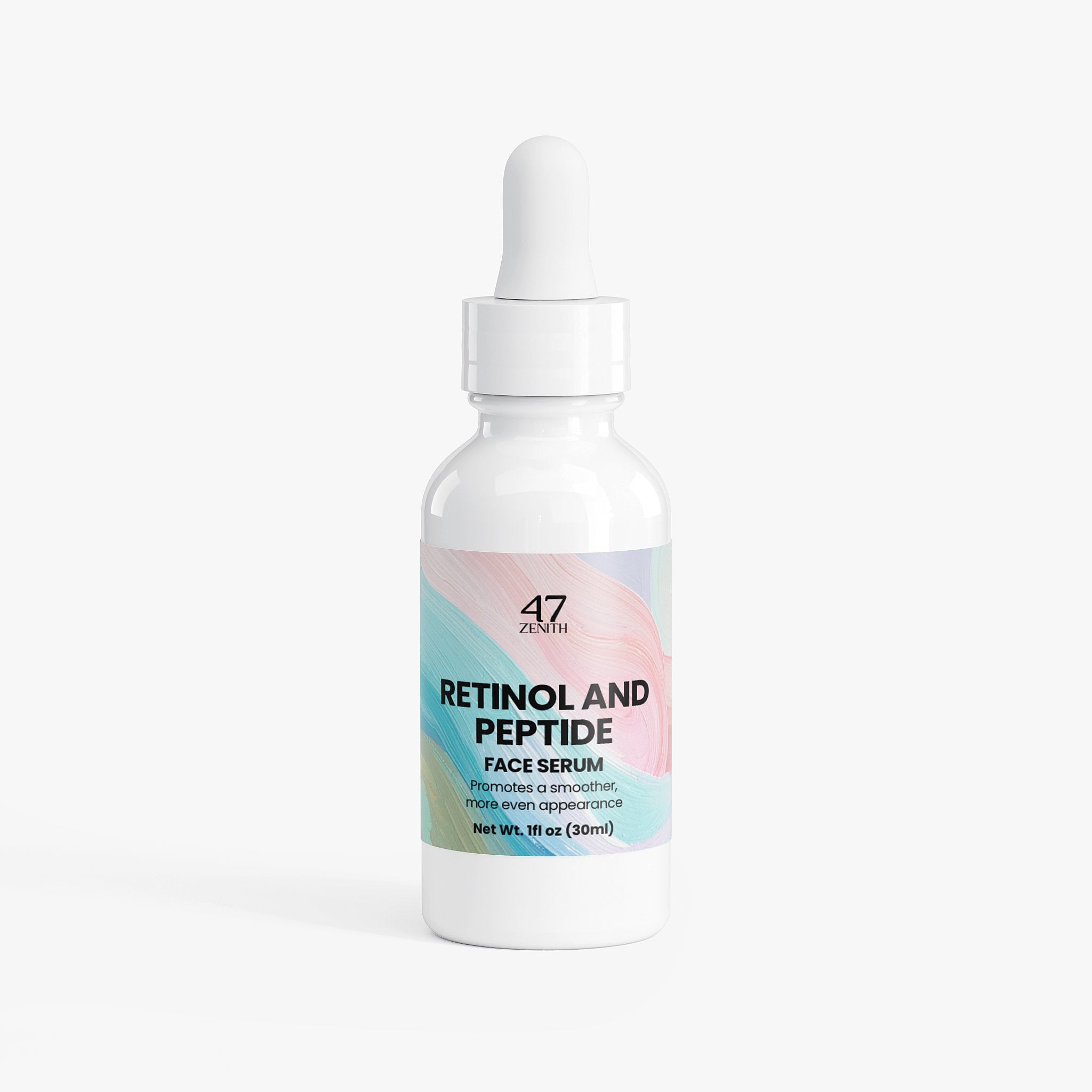 Bottle of retinol and peptide face serum with a colorful label on a white background