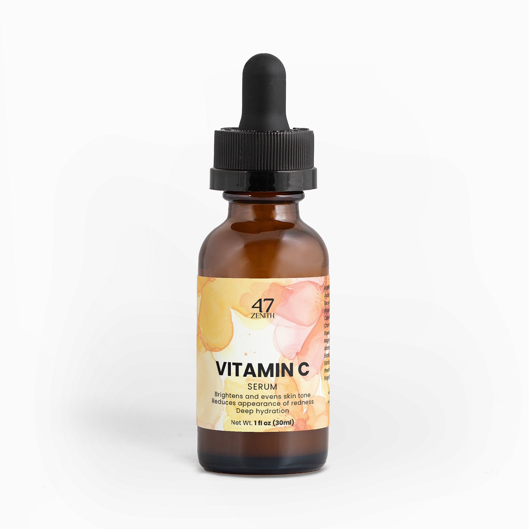 Vitamin C serum bottle with dropper on a white background