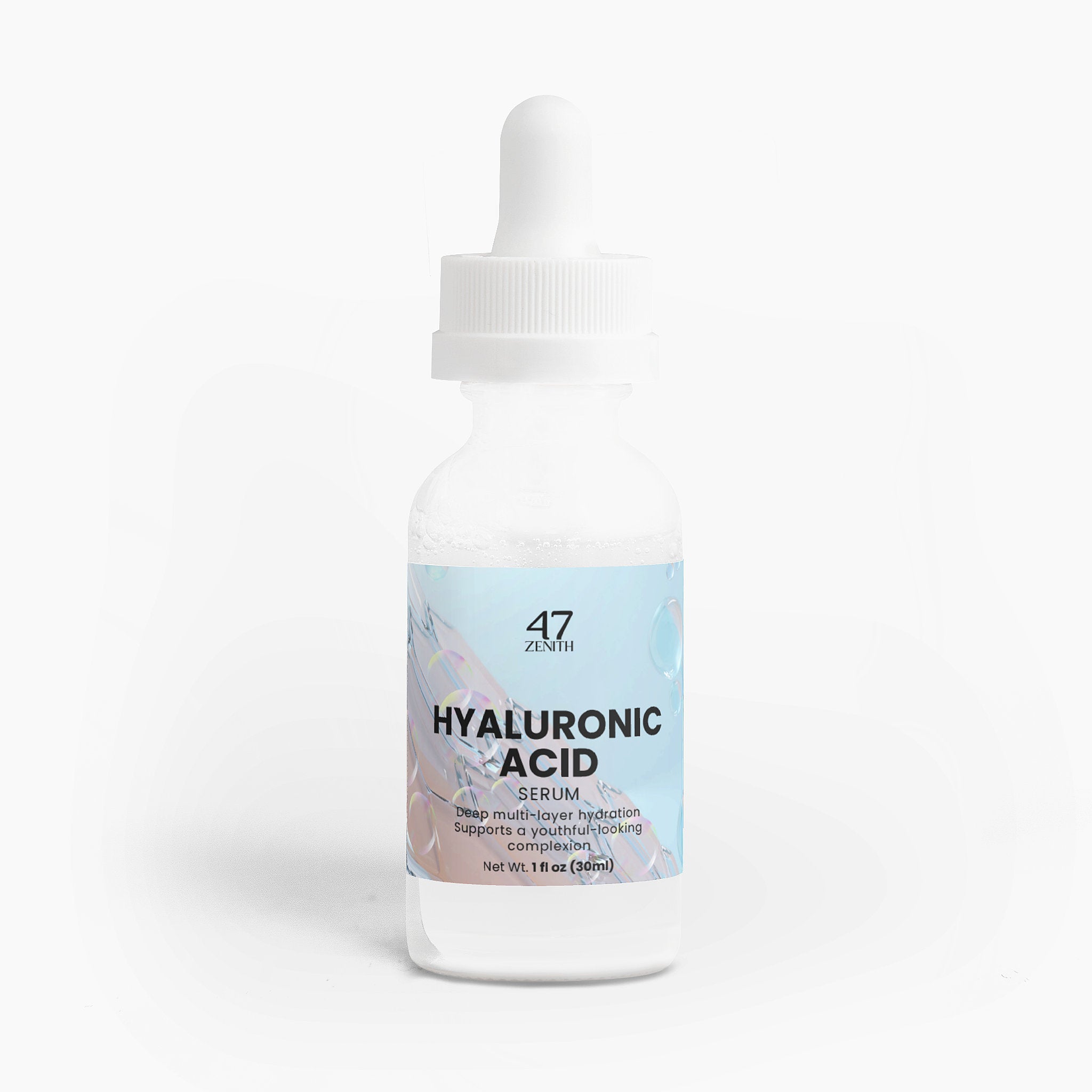 Hyaluronic acid serum bottle with dropper on a white background