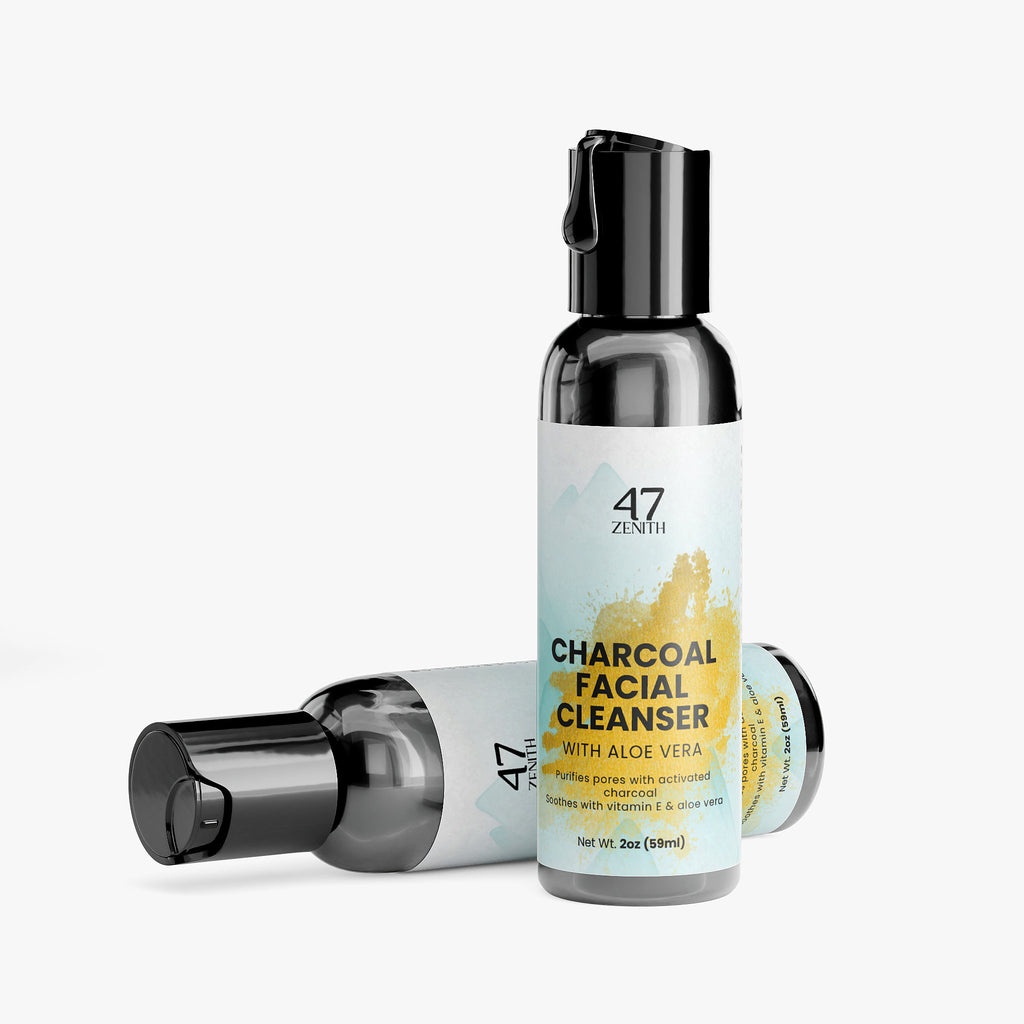 Bottle of 47 Zenith Charcoal Facial Cleanser with Aloe Vera on a white background