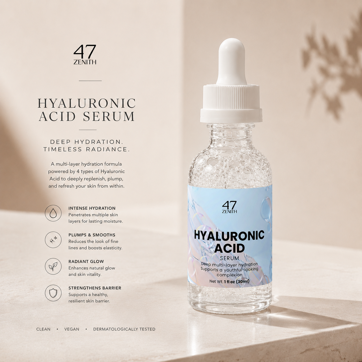 Hyaluronic acid serum bottle with dropper on a neutral background